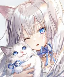 Rule 34 | 1girl, animal, animal ears, blue eyes, blush, cat, cat ears, choker, collarbone, highres, holding, holding animal, long hair, looking at viewer, original, samo cha, silver hair, tongue, tongue out, twintails, twintails day