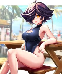 Rule 34 | 1girl, arm support, bare arms, bare legs, bare shoulders, beach, bikini, black bikini, blush, breasts, cleavage, cleavage cutout, clothing cutout, feet out of frame, female focus, from side, hair over one eye, highleg, highleg swimsuit, highres, karma (vtuber), knee up, large breasts, looking at viewer, looking to the side, one-piece swimsuit, open mouth, outdoors, owozu, purple hair, short hair, sitting, slash-ex, smile, solo, straight-on, swimsuit, thick thighs, thighs, virtual youtuber, yellow eyes