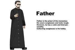 Rule 34 | 1boy, black coat, black footwear, black hair, character profile, coat, diva (hyxpk), english text, facial hair, father (diva), highres, little nuns (diva), priest, round eyewear, simple background, solo, sunglasses, white background
