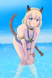 Rule 34 | 1girl, adventurer (ff11), animal ears, armlet, bare shoulders, bent over, bikini, blonde hair, blue bikini, blue choker, blue eyes, blue sky, breasts, breasts squeezed together, brown tail, cat ears, cat girl, cat tail, chatarou bekkan, choker, clear sky, cleavage, closed mouth, collarbone, day, eyelashes, feet out of frame, final fantasy, final fantasy xi, hairband, halterneck, highres, knees together feet apart, medium breasts, mithra (ff11), outdoors, short hair, sky, smile, solo, sparkle, standing, swimsuit, tail, tail raised, thigh strap, wading, water