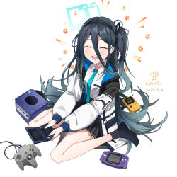 Rule 34 | 1girl, aris (blue archive), black hair, black socks, blue archive, blue necktie, closed eyes, cyan yu, dated, game boy, game boy advance, game boy color, game console, gamecube, handheld game console, highres, long hair, necktie, nintendo 3ds, nintendo 64 controller, pleated skirt, signature, sitting, skirt, smile, socks, very long hair, wariza, white background