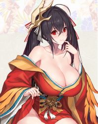 Rule 34 | 1girl, ahoge, azur lane, bare shoulders, black hair, blush, breasts, cleavage, closed mouth, clothes lift, collarbone, crossed bangs, feather-trimmed sleeves, finger to mouth, hair between eyes, hair ribbon, hakama, hakama short skirt, hakama skirt, head tilt, huge breasts, japanese clothes, kimono, lifted by self, long hair, looking at viewer, mask, mask on head, nidy, no panties, off shoulder, pleated skirt, red eyes, red kimono, red skirt, ribbon, skirt, skirt lift, smile, solo, striped ribbon, taihou (azur lane), twintails, very long hair, wide sleeves