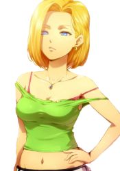 Rule 34 | 1girl, android 18, blonde hair, blue eyes, bra, bra strap, breasts, dragon ball, dragonball z, earrings, green shirt, green tank top, hairu, hand on own hip, jewelry, medium breasts, midriff, navel, necklace, off-shoulder shirt, off shoulder, pendant, red bra, shirt, short hair, solo, strap slip, tank top, transparent background, underwear