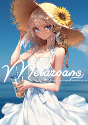 Rule 34 | 1girl, blue eyes, blue sky, breasts, bubble tea, cat, cleavage, closed mouth, cover, cover page, day, dress, flower, hand on headwear, hat, hat flower, highres, horizon, ocean, oopartz yang, original, sidelocks, sky, small breasts, smile, solo, straw hat, sun hat, sundress, sunflower, white dress, white hair