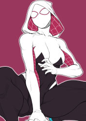 Rule 34 | 1girl, arm support, bodysuit, breasts, flat color, full body, gloves, gwen stacy, hood, hooded bodysuit, looking at viewer, marvel, outline, purple background, shouji nigou, simple background, solo, spider-gwen, spider web print, spread legs, squatting, superhero costume, thick thighs, thighs