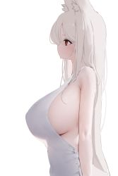 Rule 34 | 1girl, absurdres, animal ear fluff, animal ears, bare shoulders, blush, breasts, covered navel, from side, highres, large breasts, long hair, no mouth, original, red eyes, shirt, sideboob, simple background, sleeveless, sleeveless shirt, solo, tusyn, upper body, very long hair, white background, white hair, white shirt