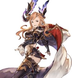 Rule 34 | 10s, 1girl, arm guards, gloves, granblue fantasy, hair ornament, long coat, long hair, looking at viewer, midriff, minaba hideo, open mouth, orange hair, shorts, smile, solo, tweyen (granblue fantasy), thighhighs, transparent background, white gloves