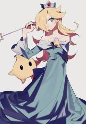 Rule 34 | 1girl, absurdres, aqua dress, aqua eyes, arm behind back, blonde hair, closed mouth, collarbone, crown, dress, earrings, grey background, hair over one eye, hand up, higa423, highres, holding, holding wand, jewelry, light smile, long dress, long hair, long sleeves, looking at viewer, luma (mario), mario (series), nintendo, off-shoulder dress, off shoulder, rosalina, solo, star (symbol), star earrings, super mario galaxy, wand