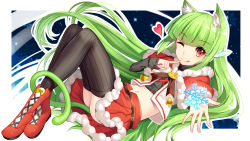 Rule 34 | 1girl, ;q, animal ears, bell, belt, bison cangshu, black shirt, black thighhighs, boots, bow, buckle, capelet, cat ears, cat tail, cross-laced footwear, eyebrows, finger to mouth, full body, green hair, heart, highres, index finger raised, lace-up boots, long hair, long sleeves, looking at viewer, mascot, midriff, miniskirt, moegirlpedia-tan, one eye closed, os-tan, outstretched arm, red eyes, red footwear, red skirt, ribbed legwear, ribbed sweater, ribbon, shirt, shoes, skirt, snowflakes, solo, striped ribbon, sweater, tail, thighhighs, tongue, tongue out, very long hair, yellow bow