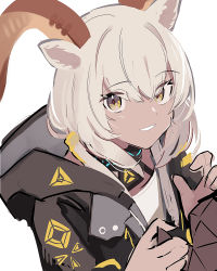 Rule 34 | 1girl, animal ear fluff, animal ears, arknights, beeswax (arknights), black jacket, blouse, brown eyes, commentary request, dark-skinned female, dark skin, grey hair, hair between eyes, hands up, highres, hood, hood down, hooded jacket, horns, jacket, looking at viewer, open clothes, open jacket, parted lips, shirt, simple background, solo, tetuw, upper body, white background, white shirt