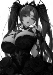 Rule 34 | 1girl, bare shoulders, breasts, bridal gauntlets, covered navel, dress, fingernails, flower, greyscale, hair ribbon, half-closed eyes, highres, jewelry, large breasts, long hair, mole, mole under eye, monochrome, necklace, open mouth, original, rabbit (wlsdnjs950), ribbon, ring, rose, saliva, saliva trail, simple background, skindentation, solo, teeth, tiara, tongue, twintails, upper teeth only, very long hair, white background