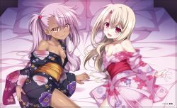 Rule 34 | 2girls, aoi masami, ass, bad id, bad twitter id, bare shoulders, bed, breasts, brown eyes, brown hair, chloe von einzbern, collarbone, dark-skinned female, dark skin, fate/kaleid liner prisma illya, fate (series), floral print, from behind, hand on own ass, illyasviel von einzbern, japanese clothes, kimono, long hair, looking back, lying, multiple girls, no bra, obi, off shoulder, official alternate costume, on side, open mouth, pillow, pink hair, red eyes, sash, side ponytail, small breasts, sweat, yukata