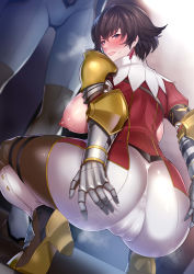 Rule 34 | 1girl, anus, armor, armored boots, ass, ass grab, black hair, boots, breasts, breasts out, cameltoe, come hither, covered anus, deep skin, fiorayne (monster hunter), from behind, gauntlets, gloves, highres, huge ass, large breasts, looking at viewer, mature female, miga (migao), monster hunter (series), monster hunter rise, naughty face, nipples, pants, purple eyes, shiny clothes, shiny skin, short hair, sideboob, smile, solo, spread ass, squatting, sweat, tight clothes, tight pants