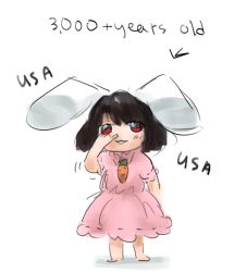 Rule 34 | 1girl, animal ears, barefoot, black hair, carrot necklace, dress, full body, hand on own face, inaba tewi, jewelry, looking at viewer, necklace, nose picking, pendant, pink dress, rabbit ears, red eyes, solo, sparkle71059204, standing, touhou