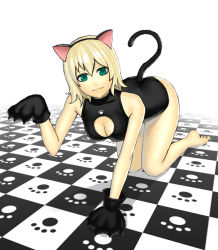 Rule 34 | 1girl, all fours, animal ears, animal hands, barefoot, blonde hair, breasts, cat ears, cat paws, cat tail, checkered floor, cleavage, cleavage cutout, clothing cutout, floor, green eyes, k+, original, perspective, short hair, solo, tail