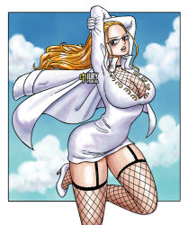 Rule 34 | blonde hair, breasts, cleavage, curvy, dress, fishnet top, fishnets, glasses, gloves, high heels, iury padilha, jacket, kalifa (one piece), large breasts, long hair, one piece, open mouth, tagme, thighhighs, thighs, white dress, white footwear, white gloves, wide hips