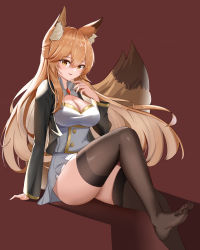 Rule 34 | 1girl, absurdres, animal ear fluff, animal ears, arknights, black jacket, breasts, brown eyes, brown thighhighs, chinese commentary, cleavage, cleavage cutout, clothing cutout, commentary request, feet, fox ears, fox girl, fox tail, franka (arknights), hair between eyes, hand up, highres, jacket, lahz52, large breasts, long hair, long sleeves, looking at viewer, miniskirt, no shoes, open clothes, open jacket, orange hair, parted lips, red background, simple background, sitting, skirt, smile, solo, tail, thighhighs, thighs, very long hair, white skirt