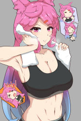 Rule 34 | &gt; &lt;, &gt;o&lt;, 1girl, absurdres, alternate costume, animal ears, armpits, bare shoulders, bike shorts, blue hair, bound, cleo (dragalia lost), dragalia lost, drinking, dumbbell, english text, exercising, exhausted, hair ornament, hairclip, hand on own face, hand towel, help, hexelsafe, highres, jump rope, long hair, looking at viewer, lying, midriff, motion lines, multicolored hair, multiple views, navel, on back, pink hair, rabbit ears, sitting, sports bra, sportswear, struggling, sweat, tears, tied up (nonsexual), two-tone hair, very long hair