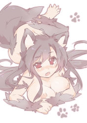 Rule 34 | 1girl, animal ears, barefoot, blush, body fur, breasts, brown hair, full body, imaizumi kagerou, large breasts, long hair, nipples, nude, open mouth, paw print, red eyes, simple background, solo, tail, touhou, transpot nonoko, white background, wolf ears, wolf tail