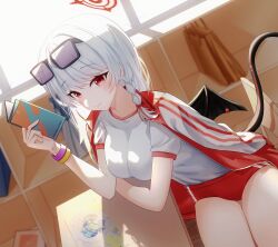 Rule 34 | 1girl, absurdres, blue archive, blush, book, breasts, buruma, chair, closed mouth, demon tail, demon wings, eyewear on head, grey hair, halo, haruna (blue archive), haruna (track) (blue archive), highres, jacket, large breasts, looking at viewer, my0li, red eyes, sitting, smile, solo, table, tail, window, wings