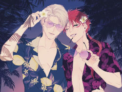 Rule 34 | 2boys, alternate costume, blonde hair, closed mouth, collarbone, earrings, final fantasy, final fantasy vii, final fantasy vii remake, flower, flower on head, green eyes, hawaiian shirt, holding, jewelry, long hair, looking at viewer, male focus, multiple boys, one eye closed, palm tree, parted lips, pectorals, pectorals, ponytail, red hair, reno (ff7), rufus shinra, shirt, short hair, square enix, sunglasses, teeth, tree, turks (ff7), upper body