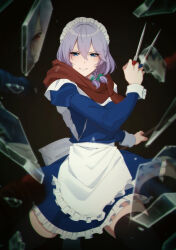 Rule 34 | 1girl, absurdres, apron, black thighhighs, blue dress, blue eyes, clip studio paint (medium), commentary, dress, english commentary, frills, highres, holding, holding knife, izayoi sakuya, knife, maid apron, maid headdress, parted lips, purple hair, red scarf, scarf, shattered, solo, standing, thighhighs, touhou, umisaki