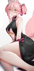 Rule 34 | 1girl, absurdres, animal ear fluff, animal ears, arind yudha, bare shoulders, bell, black dress, blush, breasts, center opening, china dress, chinese clothes, double bun, dress, fate/grand order, fate (series), fox ears, fox girl, fox tail, glasses, hair between eyes, hair bun, highres, jingle bell, koyanskaya (chinese lostbelt outfit) (fate), koyanskaya (fate), large breasts, long hair, looking at viewer, pink hair, side slit, sidelocks, sleeveless, sleeveless dress, smile, solo, tail, tamamo (fate), tassel, thighs, underboob, yellow eyes