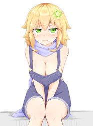 Rule 34 | 1girl, absurdres, artist request, blonde hair, blush, breasts, cleavage, gabriel dropout, green eyes, highres, long hair, naked overalls, overalls, sitting, solo, tapris chisaki sugarbell