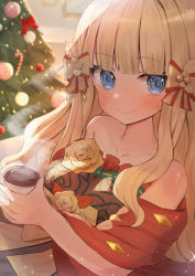 Rule 34 | 1girl, absurdres, blonde hair, blue eyes, blunt bangs, blush, bow, breasts, christmas, fantasy, hair bow, hair ornament, highres, large breasts, long hair, looking at viewer, princess connect!, saren (christmas) (princess connect!), saren (princess connect!), smile, solo, takuan (mo55ilst)
