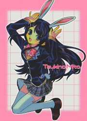 Rule 34 | 1990s (style), 1girl, animal ears, arms up, black eyes, black hair, black jacket, bow, bowtie, brown footwear, character name, grid background, highres, jacket, loafers, long hair, looking at viewer, menma (enaic31), nijisanji, open mouth, plaid, plaid skirt, purple skirt, rabbit ears, red bow, red bowtie, retro artstyle, school uniform, shoes, signature, skirt, solo, thighhighs, tsukino mito, tsukino mito (1st costume), white thighhighs