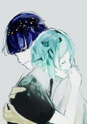 Rule 34 | 2others, androgynous, aqua hair, bad id, bad pixiv id, blue hair, blunt bangs, closed eyes, crying, crystal hair, dual persona, gem uniform (houseki no kuni), golden arms, grey background, highres, houseki no kuni, hug, multiple others, multiple persona, necktie, phosphophyllite, phosphophyllite (ll), short hair, shouka (ly880217), smile, spoilers, tears, upper body