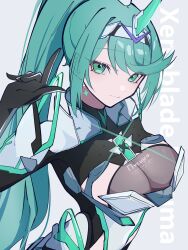 Rule 34 | 1girl, artist request, breasts, green eyes, green hair, highres, large breasts, long hair, pneuma (xenoblade), simple background, solo, very long hair, white background, xenoblade chronicles (series), xenoblade chronicles 2