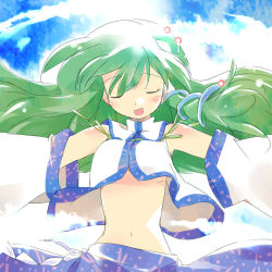 Rule 34 | 1girl, asoka, clothes lift, detached sleeves, closed eyes, female focus, frog, frog hair ornament, green hair, hair ornament, japanese clothes, kochiya sanae, long hair, midriff, navel, outstretched arms, revision, shirt lift, sketch, snake, snake hair ornament, solo, spread arms, touhou, wind, wind lift