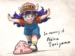 Rule 34 | 1girl, baseball cap, black-framed eyewear, blue eyes, blue footwear, blue overalls, commentary, dr. slump, english text, full body, glasses, hat, highres, ironlily, long hair, norimaki arale, outstretched arms, over-rim eyewear, overalls, poop, purple hair, red shirt, running, semi-rimless eyewear, shirt, shoes, sneakers, socks, solo focus, t-shirt, teeth, toriyama akira (style), upper teeth only, winged hat, yellow socks