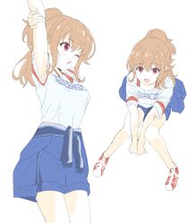 Rule 34 | 1girl, :d, :o, blue shirt, blush, bra strap, brown hair, clothes around waist, hayasaka mei, highres, idoly pride, invisible chair, jacket, jacket around waist, looking at viewer, multiple views, one eye closed, open mouth, ponytail, red eyes, red footwear, shirt, shoes, short shorts, short sleeves, shorts, simple background, sincos, sitting, smile, standing, stretching, white background