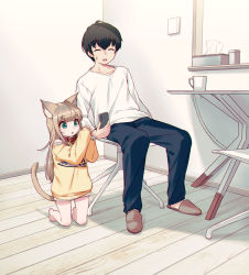 Rule 34 | 1boy, 1girl, 40hara, animal collar, animal ear fluff, animal ears, bad link, barefoot, black hair, blonde hair, blunt bangs, cat ears, cat tail, cellphone, chair, chestnut mouth, clothes writing, collar, cup, green eyes, indoors, kinako (40hara), kneeling, long hair, looking at phone, mug, open mouth, original, phone, red collar, shirt, short hair, sitting, slippers, smartphone, sweatdrop, sweater, table, tail, tissue box, white shirt