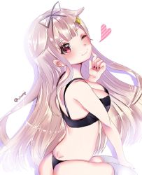 Rule 34 | 1girl, black bra, black nails, black panties, black ribbon, blonde hair, blush, bra, breasts, cleavage, closed mouth, dimples of venus, hair flaps, hair ornament, hair ribbon, hairclip, heart, heart-shaped pupils, heart in eye, kantai collection, long hair, looking at viewer, medium breasts, nail polish, one-hour drawing challenge, one eye closed, panties, red eyes, ribbon, simple background, sitting, smile, solo, sparkle, striped, symbol-shaped pupils, symbol in eye, thighhighs, twitter username, underwear, underwear only, viwop, white background, white thighhighs, yuudachi (kancolle), yuudachi kai ni (kancolle)