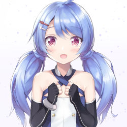 Rule 34 | 1girl, :d, ahoge, azur lane, bad id, bad pixiv id, bare shoulders, black gloves, blue hair, bracelet, clenched hands, commentary request, elbow gloves, fingerless gloves, gloves, hair ornament, hairclip, jewelry, lena (azur lane), long hair, looking at viewer, low twintails, open mouth, purple eyes, sakuba nao, sidelocks, simple background, smile, solo, twintails, white background