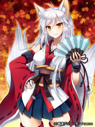 Rule 34 | 1girl, animal ears, detached sleeves, hand fan, fox ears, fox tail, japanese clothes, junketsu duelion, long hair, mauve, multiple tails, original, solo, tail, thighhighs, white hair, yellow eyes