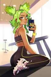 Rule 34 | 1girl, absurdres, armband, bojacksito, dark-skinned female, dark skin, female focus, green armband, green hair, gym, half updo, highres, league of legends, looking over shoulder, pants, phone, selfie, shoes, short twintails, sneakers, solo, sports bra, sweatband, treadmill, twintails, yellow eyes, yoga pants, zeri (league of legends)