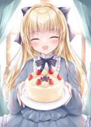 Rule 34 | 1girl, :d, ^ ^, backlighting, black bow, blonde hair, blush, bow, cake, closed eyes, commentary request, curtains, dress, facing viewer, food, fruit, grey dress, hair bow, highres, holding, holding plate, kohinata hoshimi, long hair, open mouth, original, plate, smile, solo, strawberry, sunlight, very long hair, window