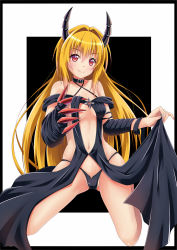 Rule 34 | 10s, 7nanappe, bikini, blonde hair, breasts, claws, highres, horns, kneeling, konjiki no yami, long hair, navel, red eyes, simple background, small breasts, smile, solo, swimsuit, to love-ru, to love-ru darkness, very long hair