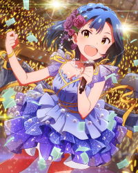 Rule 34 | 10s, 1girl, :d, blue dress, blue hair, blush, braid, breasts, ceiling, choker, clenched hand, confetti, cowboy shot, cross-laced clothes, dress, dutch angle, earrings, flower, french braid, frilled dress, frills, glowing, glowstick, hair flower, hair ornament, holding, idol, idolmaster, idolmaster million live!, indoors, jewelry, lens flare, lights, microphone, million live card, music, nanao yuriko, necklace, official art, open mouth, purple flower, purple rose, ribbon, rose, see-through, short dress, short hair, short sleeves, singing, small breasts, smile, solo focus, sparkle, stage, standing, sweat, wrist ribbon, yellow eyes