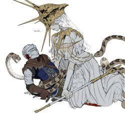 Rule 34 | 1boy, 1other, absurdres, animal, belt, blood, brown belt, brown gloves, brown scarf, chosen undead, dark souls (series), dark souls i, dark sun gwyndolin, detached sleeves, dress, english text, facing another, gloves, gold headwear, grey dress, helm, helmet, highres, holding, holding staff, holding sword, holding weapon, lying, on back, scarf, short hair, short sleeves, shoulder plates, simple background, sitting, snake, staff, sword, teeth, torn clothes, torn scarf, trap, veins, weapon, white background, zunkome