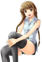 Rule 34 | 00s, 1girl, :d, bare arms, black thighhighs, braid, brown eyes, brown hair, hair over shoulder, hugging own legs, long hair, maria-sama ga miteru, non-web source, open mouth, own hands clasped, own hands together, shimazu yoshino, shirt, shorts, simple background, sitting, sleeveless, sleeveless shirt, smile, solo, tanaka shoutarou, thighhighs, twin braids, vest, white background