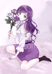 Rule 34 | 1girl, alternate hairstyle, aqua eyes, aqua ribbon, artist name, artist request, bare legs, bare shoulders, belt, black belt, blush, breasts, dress, female focus, flower, frilled dress, frills, full body, green eyes, highres, holding, holding flower, long hair, looking at viewer, love live!, love live! school idol festival, love live! school idol festival all stars, love live! school idol project, nail polish, parted lips, puffy short sleeves, puffy sleeves, purple hair, purple nail polish, purple nails, purple skirt, ribbon, short sleeves, skirt, smile, socks, solo, tojo nozomi, white dress