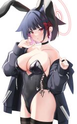 Rule 34 | 1girl, :o, absurdres, alternate breast size, animal ears, bare shoulders, black hair, black jacket, black leotard, black thighhighs, blue archive, bow, breasts, cat ears, cleavage, collarbone, colored inner hair, covered navel, groin, hair bow, halo, hands up, highres, jacket, kazusa (blue archive), large breasts, leotard, looking at viewer, multicolored hair, neko lu (wofud453), off shoulder, parted lips, pink hair, playboy bunny, red bow, red eyes, simple background, solo, thighhighs, thighs, white background
