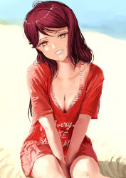 Rule 34 | 10s, 1girl, :d, aida rikako, arms between legs, bare shoulders, beach, between legs, bikini, bikini top only, bikini under clothes, blush, breasts, cleavage, clothes writing, collarbone, day, grin, half-closed eyes, hand between legs, head tilt, jyon, long hair, looking at viewer, love live!, love live! sunshine!!, medium breasts, no pants, ocean, open mouth, outdoors, own hands together, photo-referenced, red hair, red shirt, sakurauchi riko, sand, shirt, short sleeves, sitting, smile, solo, striped bikini, striped clothes, swept bangs, swimsuit, teeth, v arms, voice actor connection, water, yellow eyes