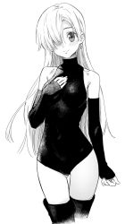 Rule 34 | 1girl, bare shoulders, blush, closed mouth, cowboy shot, detached sleeves, earrings, elizabeth liones, fingernails, greyscale, hand on own chest, head tilt, highres, jewelry, kawakami rokkaku, leotard, long hair, looking at viewer, monochrome, nanatsu no taizai, simple background, smile, solo, thighhighs, white background
