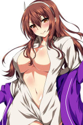 Rule 34 | &gt;:), 10s, 1girl, ar (lover boy), ashigara (kancolle), breasts, brown eyes, brown hair, fake horns, hairband, highres, horned headwear, horns, jacket, kantai collection, large breasts, long hair, long sleeves, open clothes, open jacket, open shirt, purple jacket, shirt, simple background, smile, solo, tongue, tongue out, v-shaped eyebrows, white background, white shirt